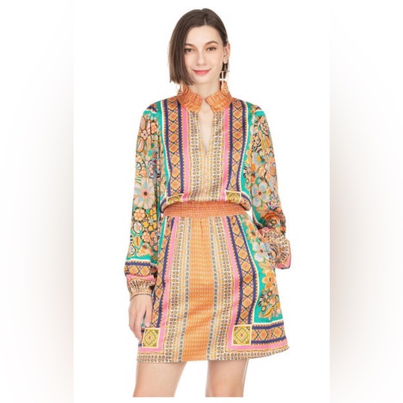 [Joy Joy] Cinched Scarf Pattern Dress - Picture 6 of 6